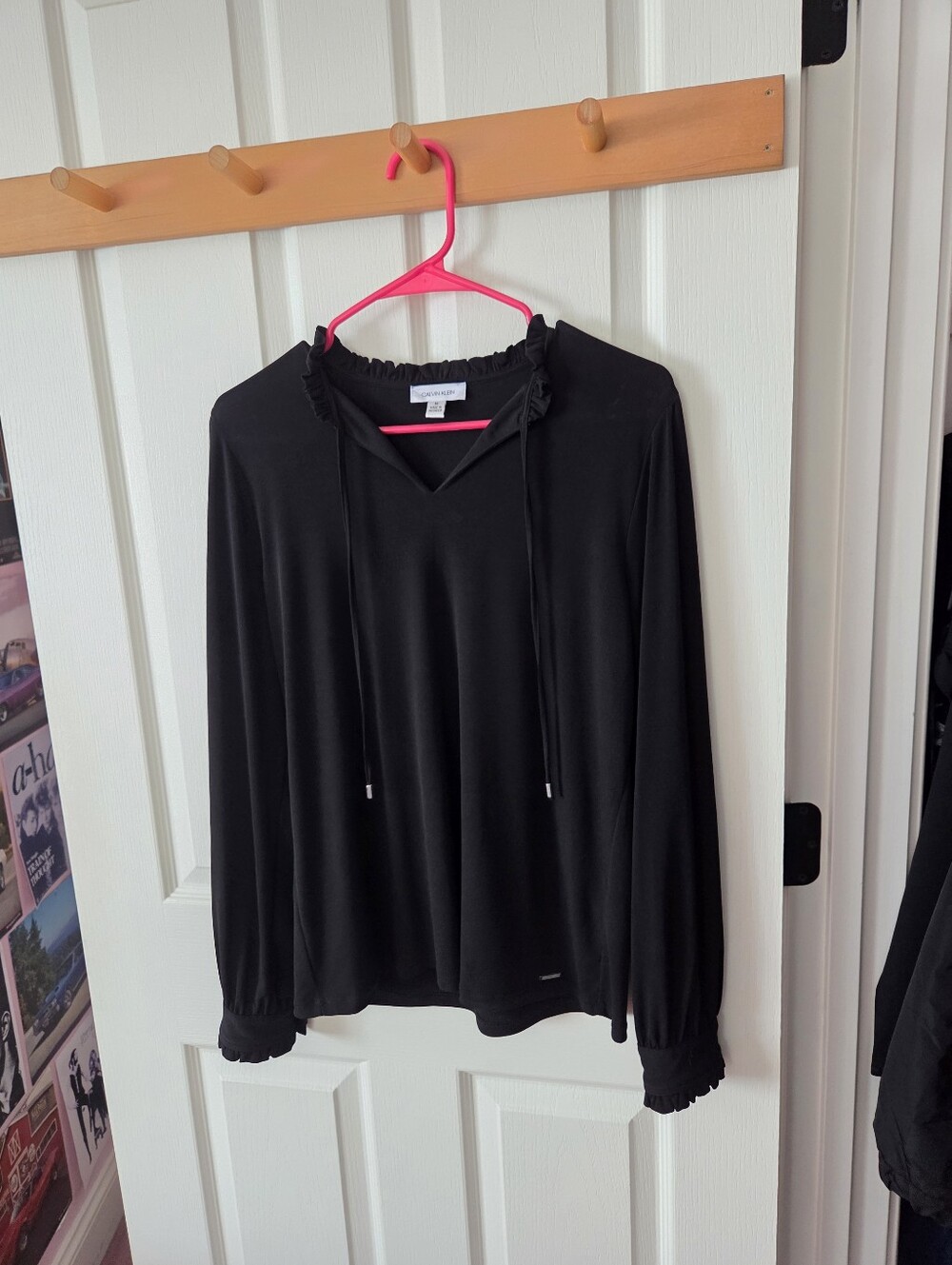 Calvin Klein Black Long-Sleeve Ruffle Neck Blouse